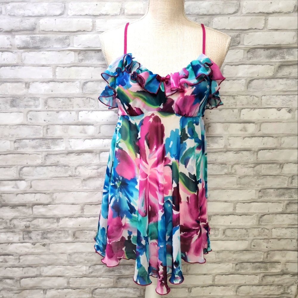 In bloom Purple Blue Floral Sheer Ruffle Nightgown
